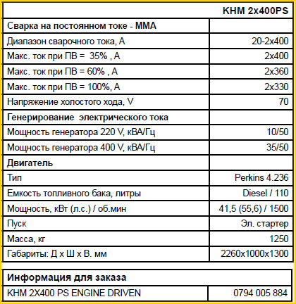 Технические характеристики сварочных генераторов KHM 2*400 PS