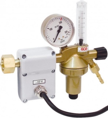 Регулятор для углекислоты и аргона GCE DINFLOW Plus 42 V N1 - Аргон/CO2 - 200/- бар, вх. G3/4"; вых. G1/4"; ротаметр 0-32 л/мин  с подогревателем 42 V