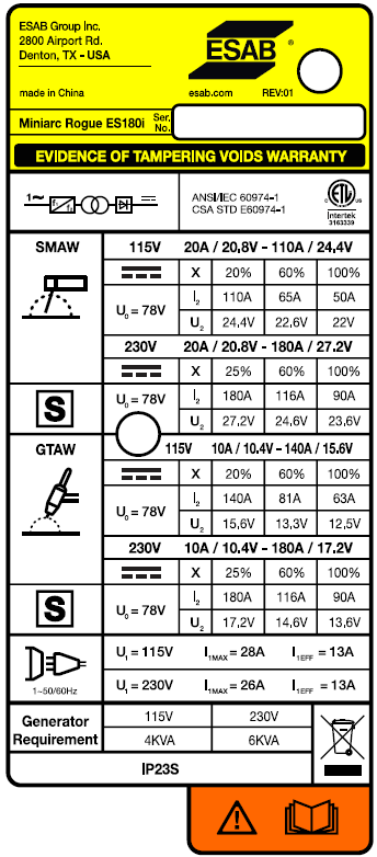 Шильдик для аппаратов ESAB Rogue ES 200i Pro. Артикул 0700500079. Шильдик для аппаратов ESAB Rogue ES 200i Pro. Артикул 0700500079.