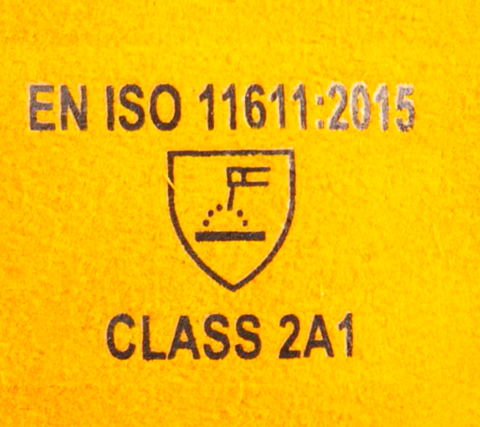 EN ISO 11611:2015, класс 2A1 — защита при тяжёлых сварочных режимах.