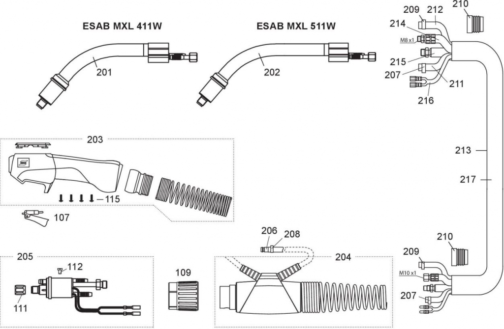 Запасные детали для горелок ESAB MXL 411W и MXL 511W