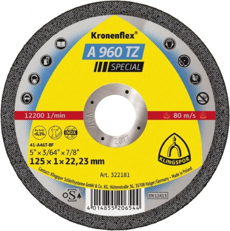 Круг отрезной Klingspor Kronenflex KT/SPECIAL/A960TZ/S/GER/115X1X22,23/DOSE
