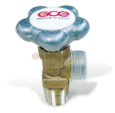 Вентиль баллонный GCE ВК-94 27 квадрат, O2, 200 бар, вх./вых.25E / G3/4" DIN 9 Нар., маховик - алюминий. Артикул 1777494.